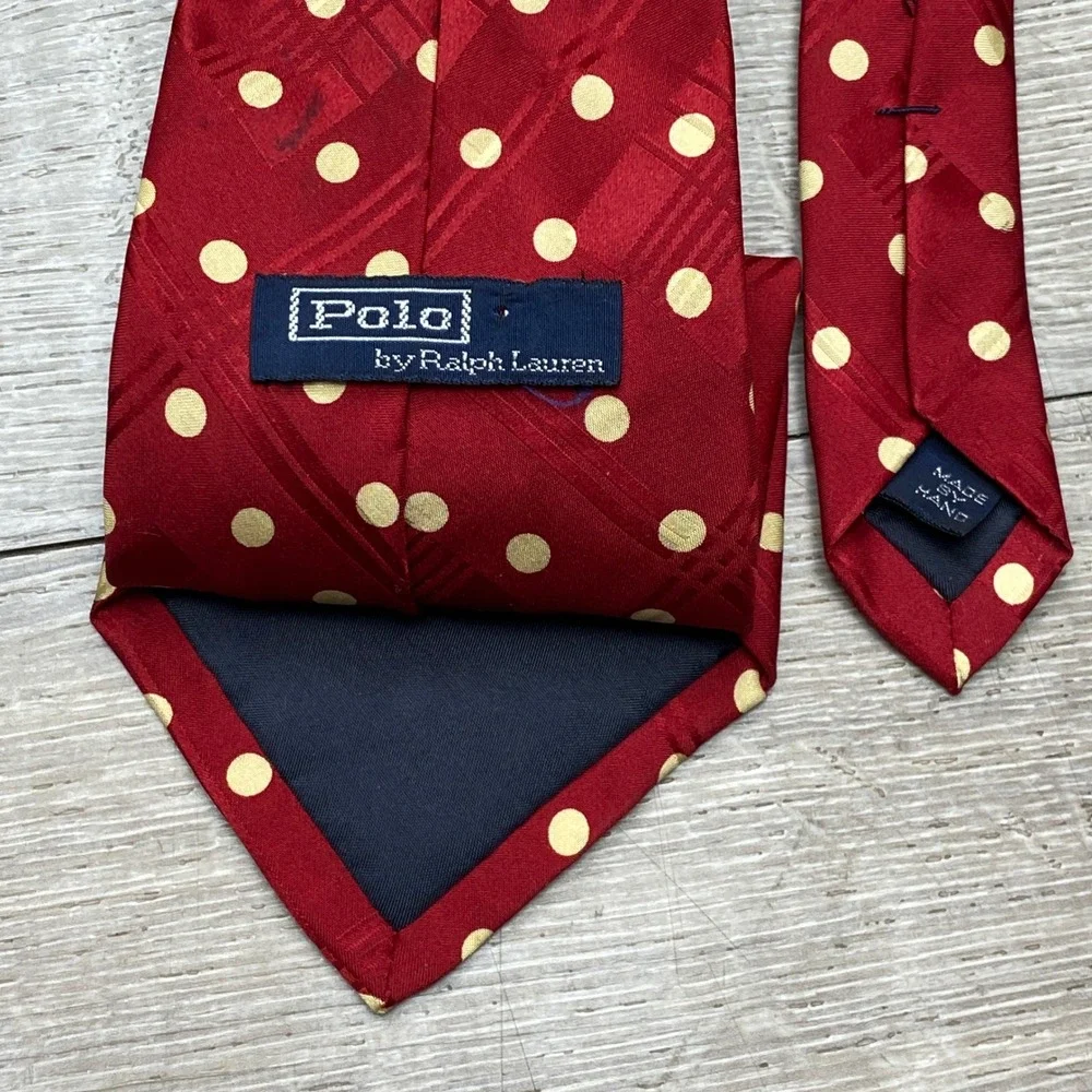 Polo Ralph‎ Lauren Mens Silk Tie Red Polka Dot Plaid Geometric Handmade 3.75